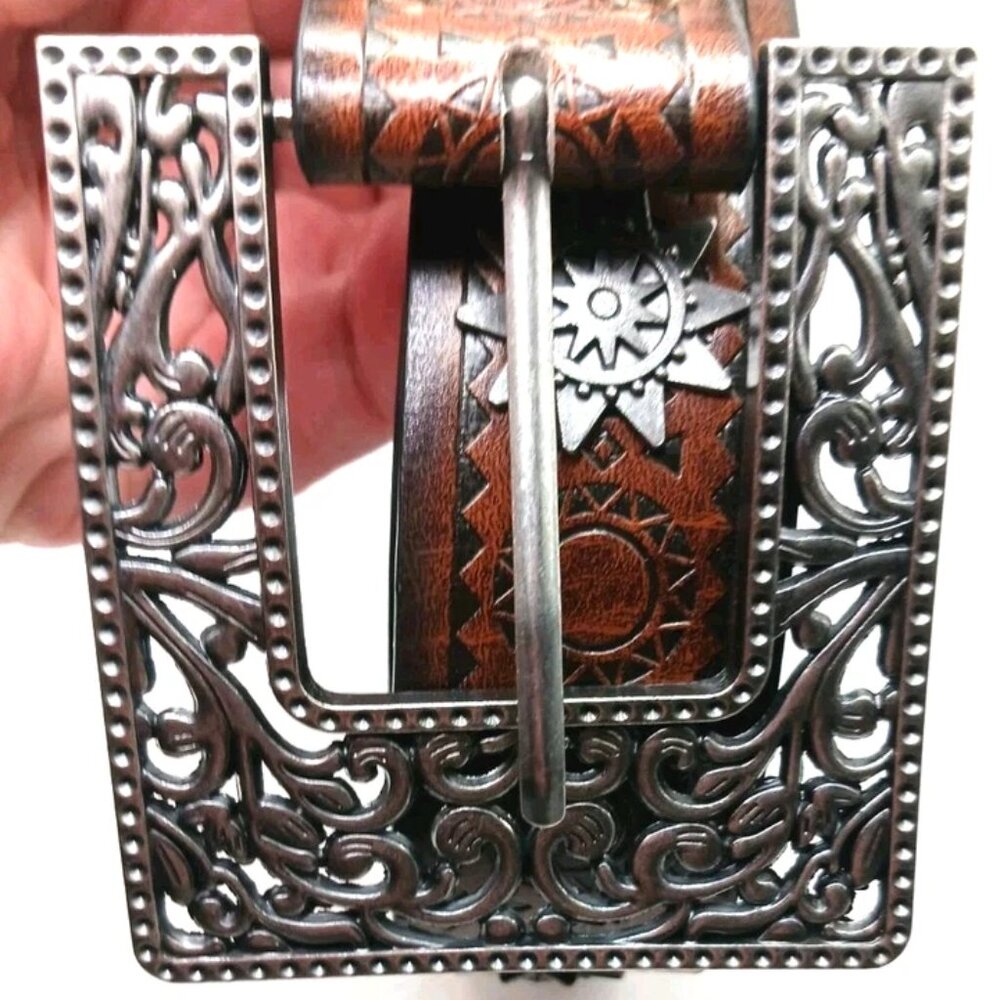 Womens Brown Leather Belt Waist Size 29 To 35 With Large Filagree Buckle New - Picture 5 of 9